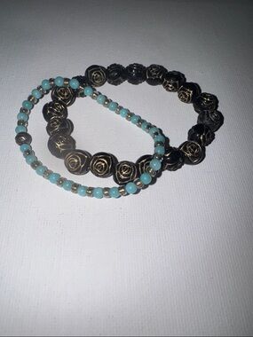 Rose Bead Stretch Bracelet Set - Aqua and Bronze